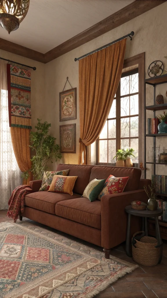 A cozy living room featuring a brown couch with colorful pillows, warm curtains, and decorative elements.