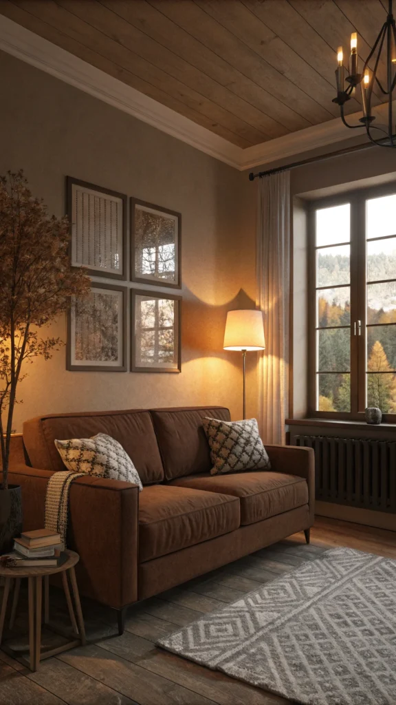 A cozy living room with a brown couch, warm lighting, and a window