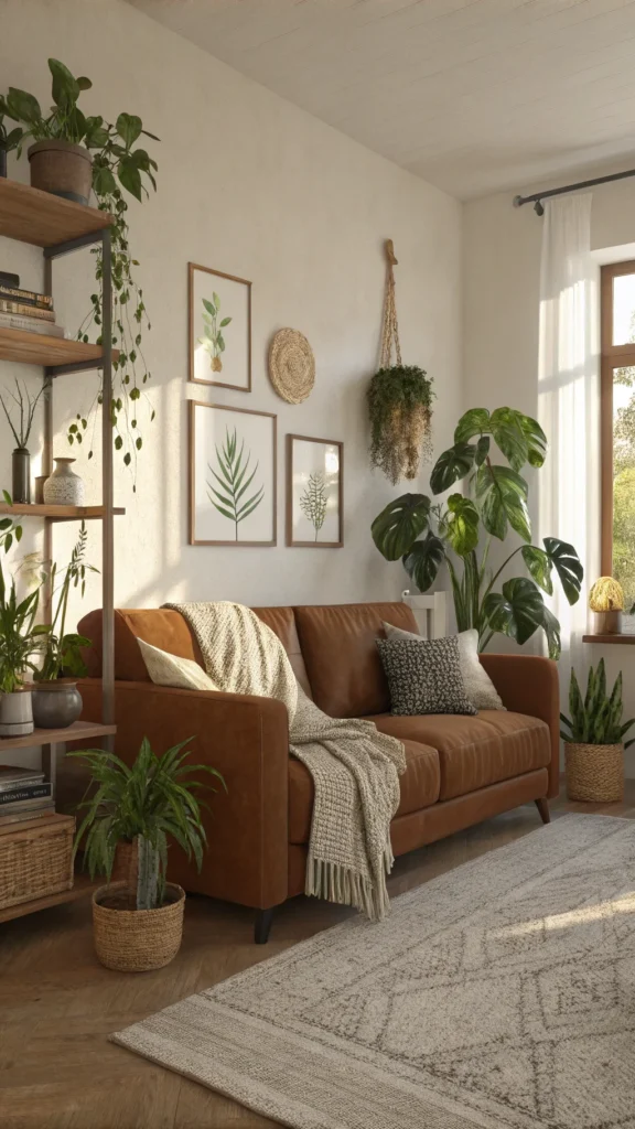 A warm living room featuring a brown couch with plants and decorative items.