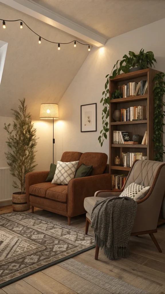 A living room featuring a brown couch, a cozy chair, and a small bookshelf, perfect for creating a reading nook.