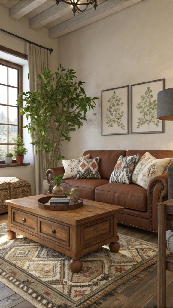 A cozy living room featuring a brown couch with decorative pillows, a wooden coffee table, and a plant.