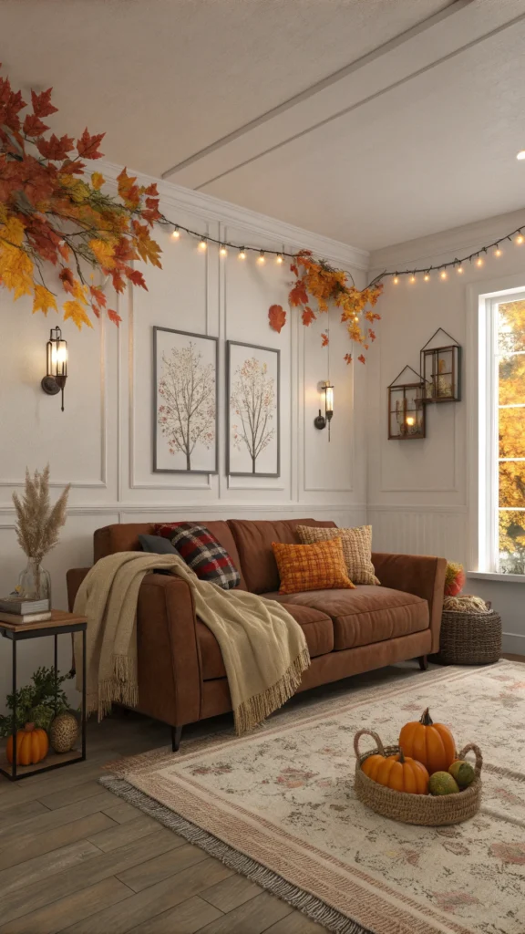 Warm living room with brown couch, and autumn decor.