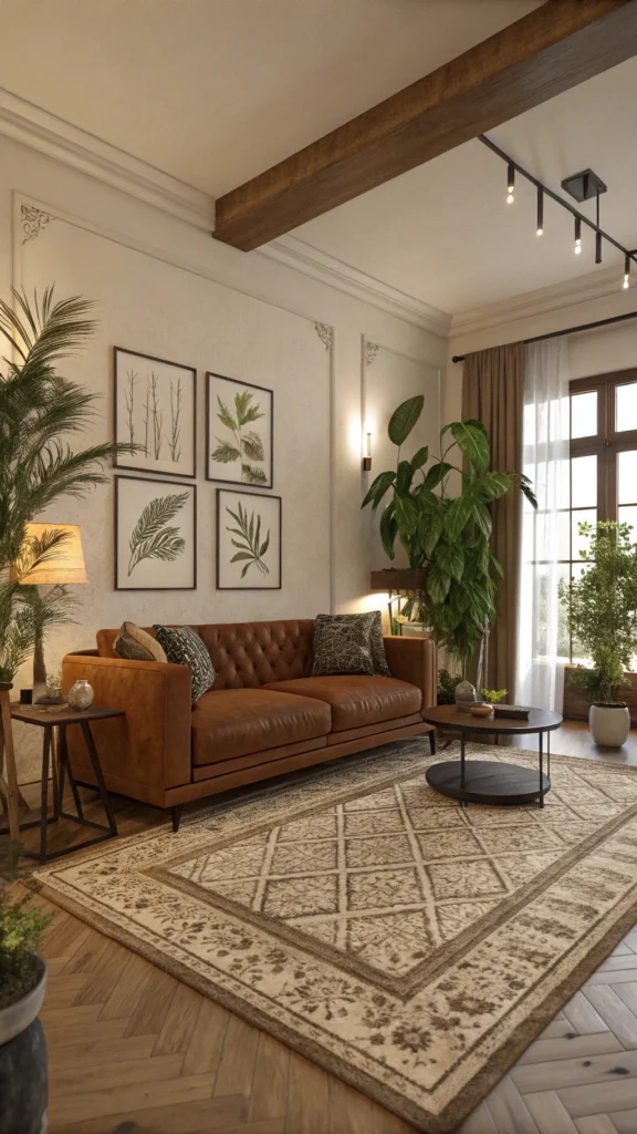 A warm living room featuring a brown couch, an area rug, and plants.