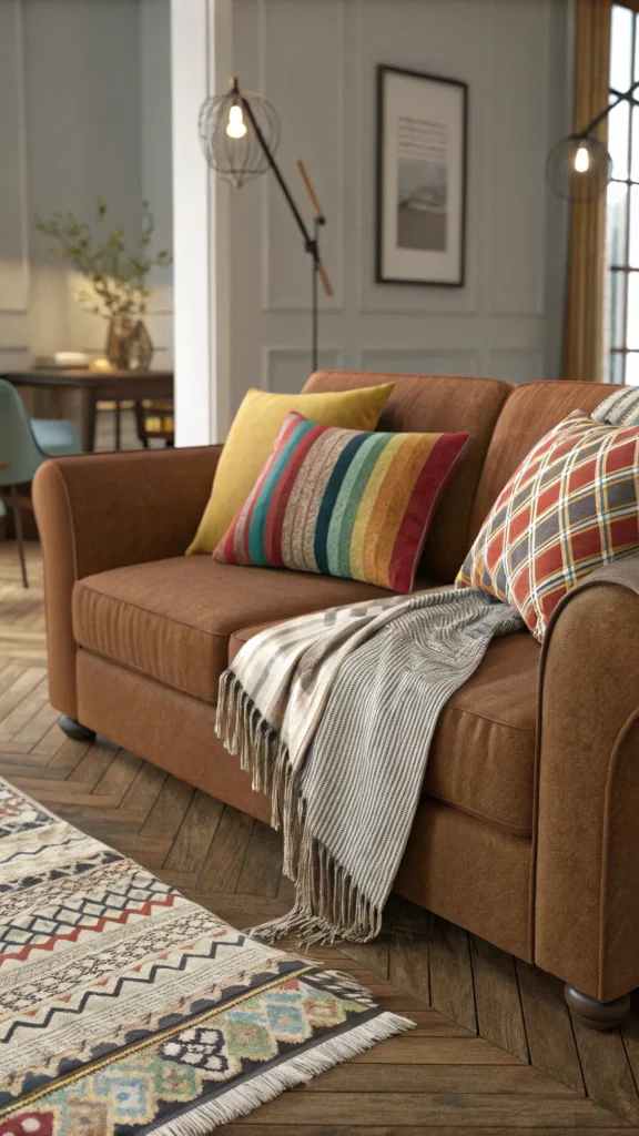 A brown couch adorned with colorful pillows and a striped throw blanket.