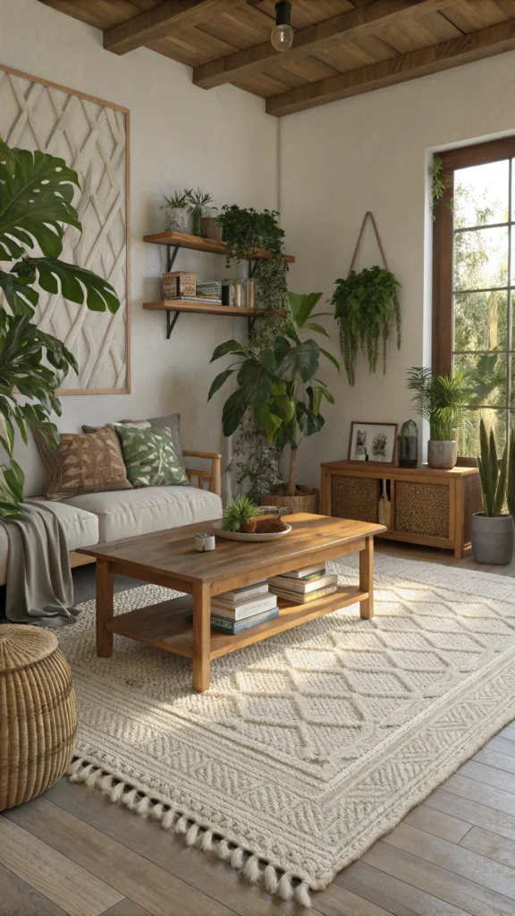 Cozy living room with a textured rug, plants, and a wooden coffee table.