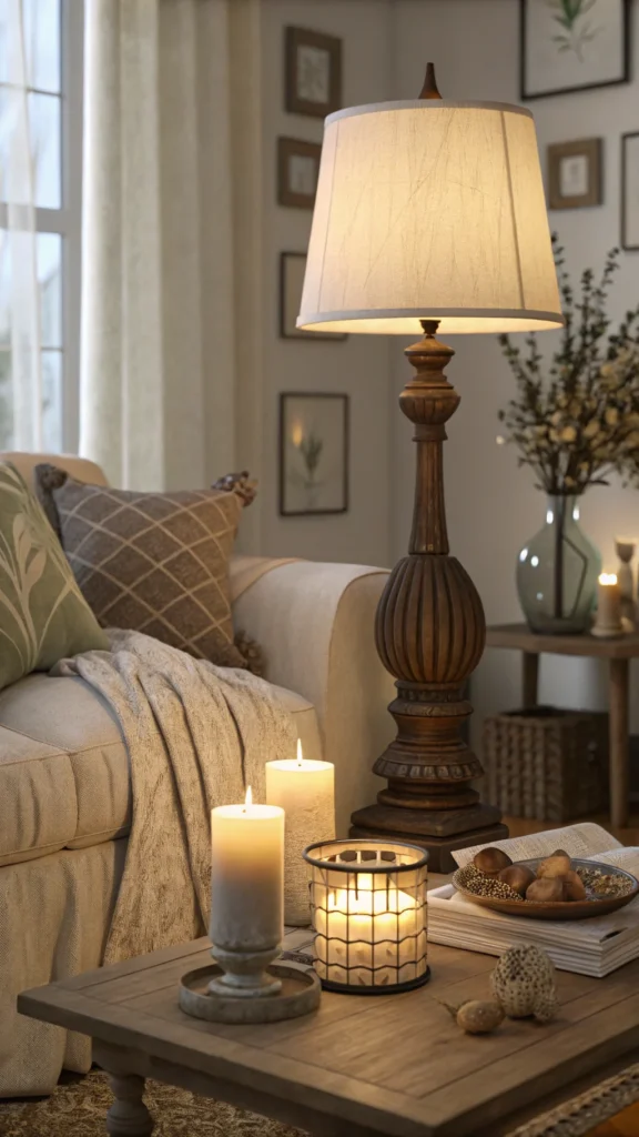 Cozy living room with soft lighting, featuring a lamp and candles.