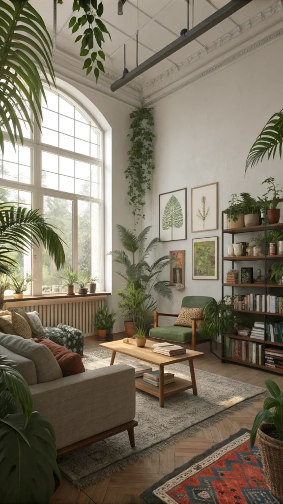 Living room filled with various indoor plants and cozy furniture.