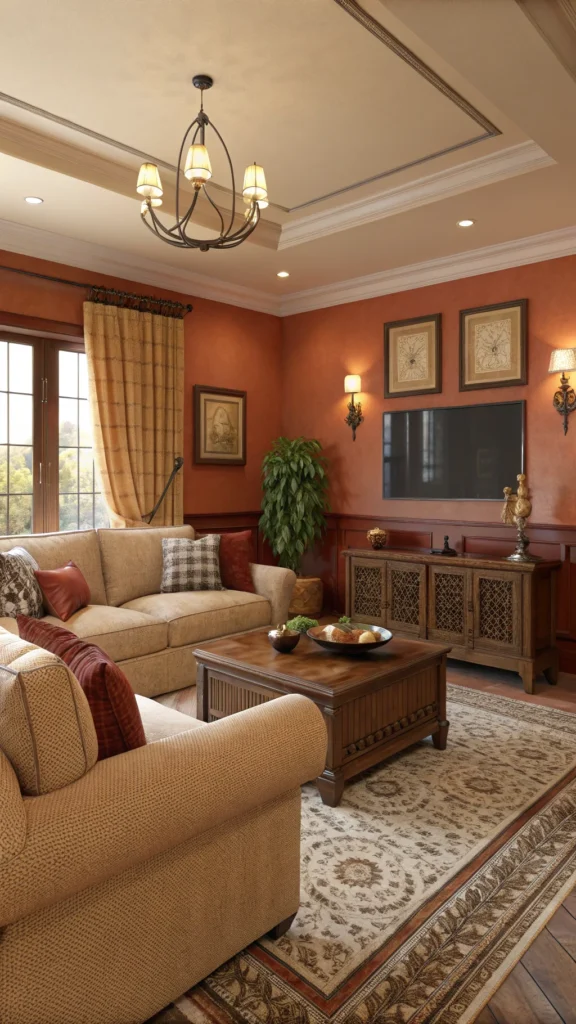 Cozy living room with warm color palette, featuring plush sofas and a wooden table.