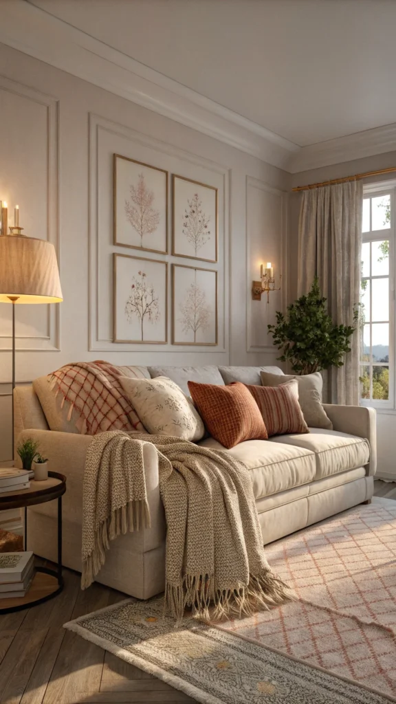 Cozy living room with layered textiles on a sofa, including throws and decorative pillows.