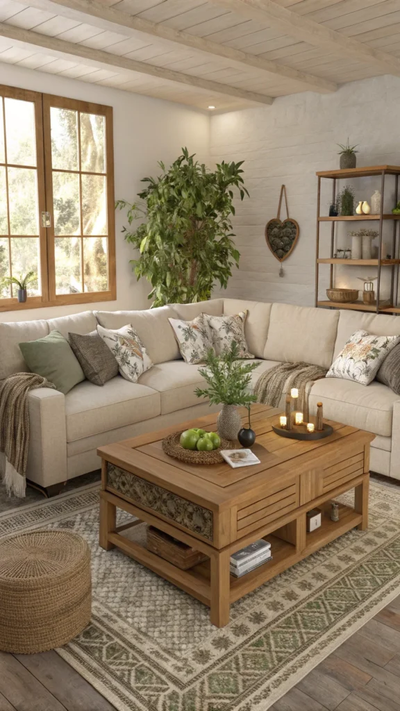 Cozy living room with a large sectional sofa and wooden coffee table, adorned with decorative items and a plant.