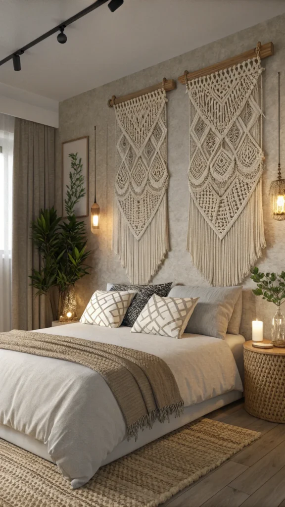 Cozy bedroom featuring handmade macramé wall hangings and knitted pillows.