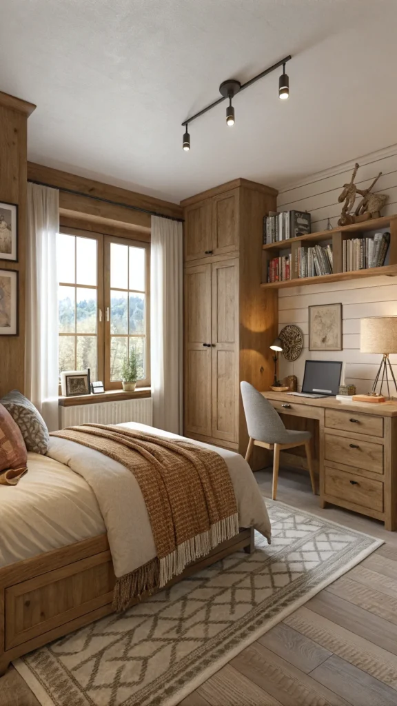 A warm and cozy bedroom featuring wooden furniture, a neatly made bed, and a workspace.