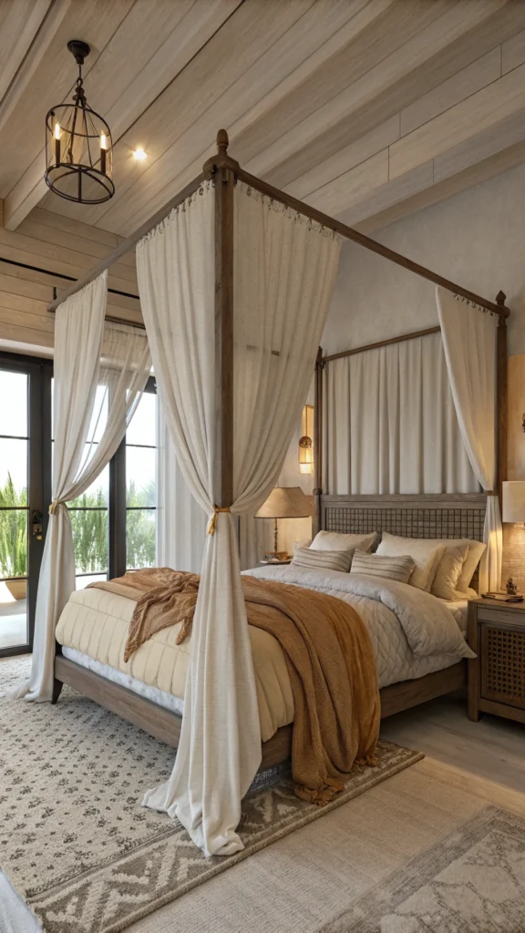 A cozy bedroom featuring a canopy bed with soft drapes and a warm blanket.