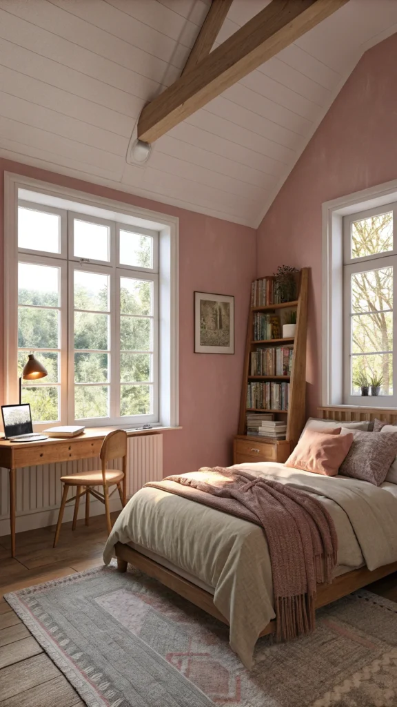 A cozy bedroom with soft pink walls, warm bedding, and natural light.