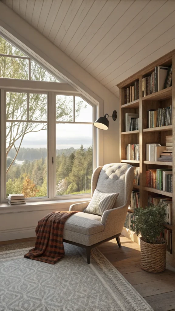 A cozy reading nook with natural light, a comfortable chair, and bookshelves.