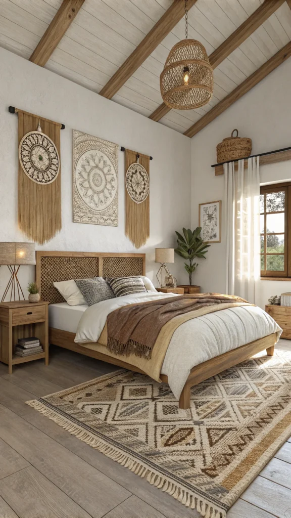 Cozy bedroom with layered rugs, soft blankets, and woven wall hangings