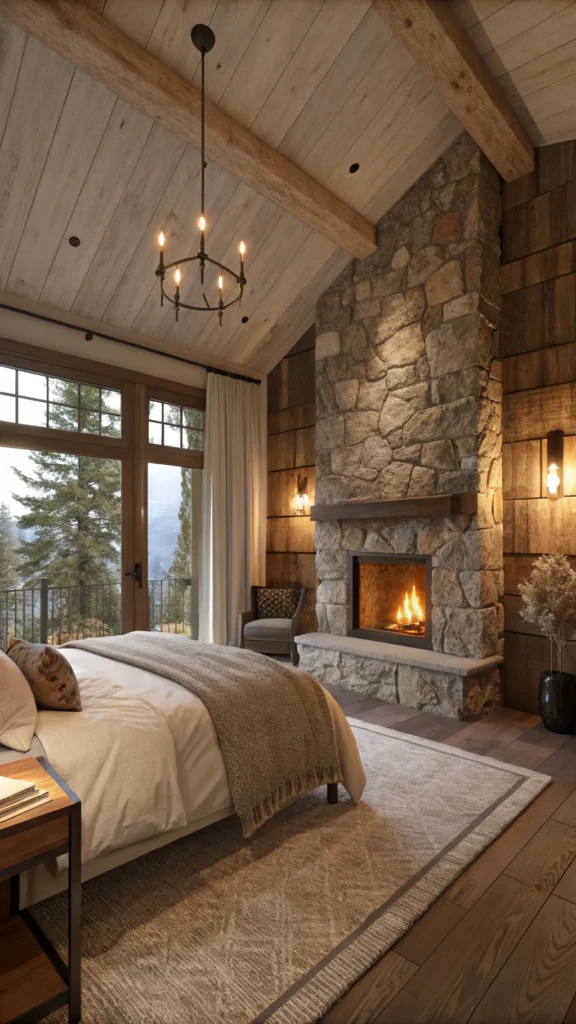 Cozy bedroom with rustic stone accents and a fireplace