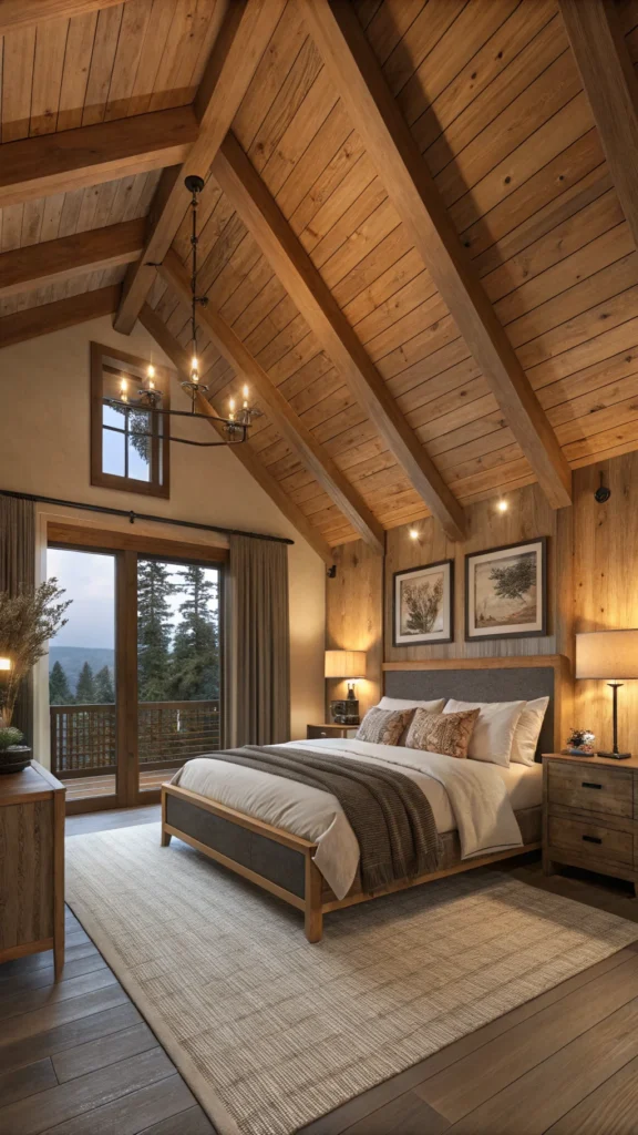 Cozy bedroom with warm wood beams and ceiling