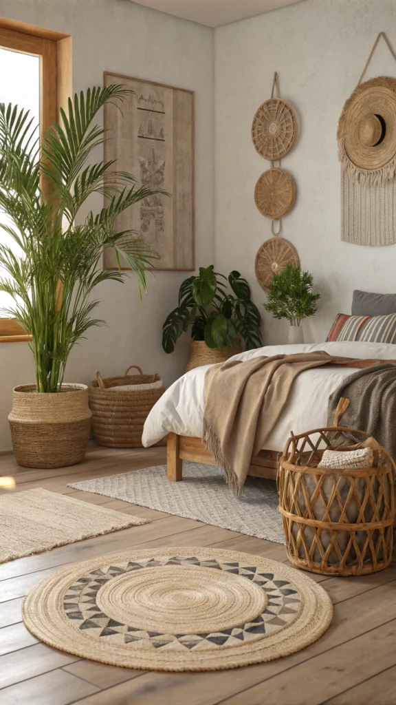 A cozy bedroom featuring natural elements like plants, woven decor, and soft textiles.