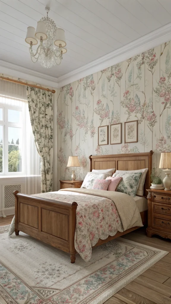 A cozy bedroom featuring vintage floral wallpaper and a wooden bed