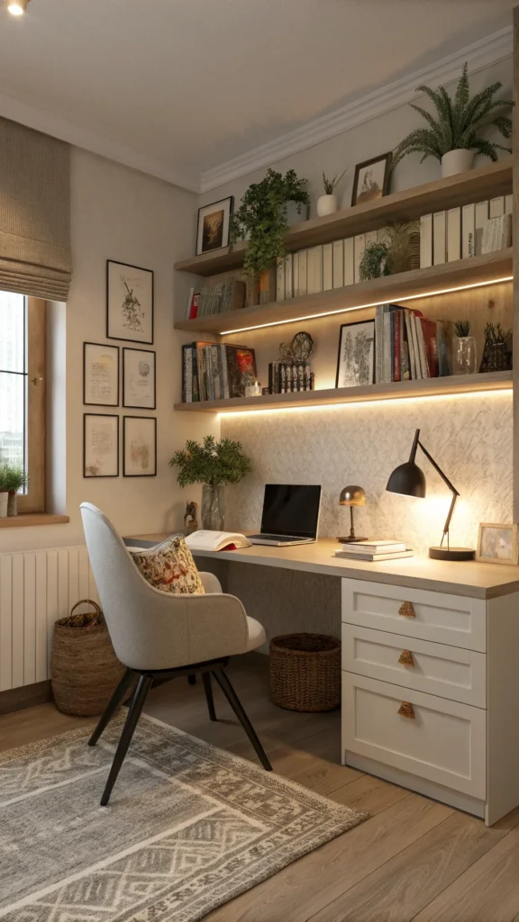 Cozy study area with a desk, chair, and decorative shelves.