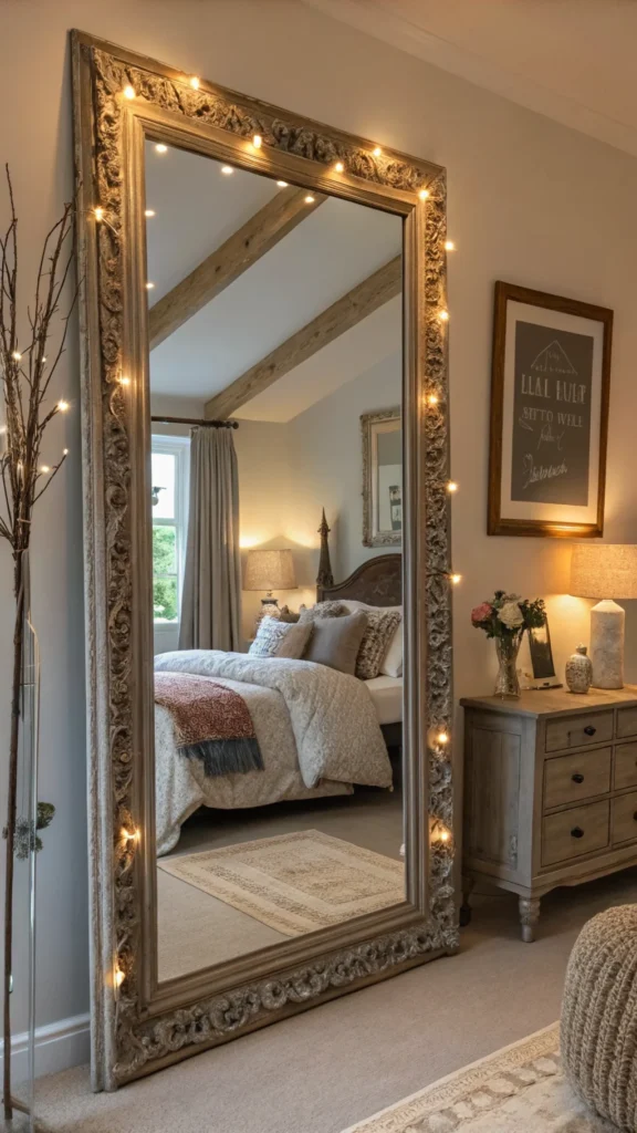 A beautifully framed antique mirror reflecting light in a cozy bedroom setting.