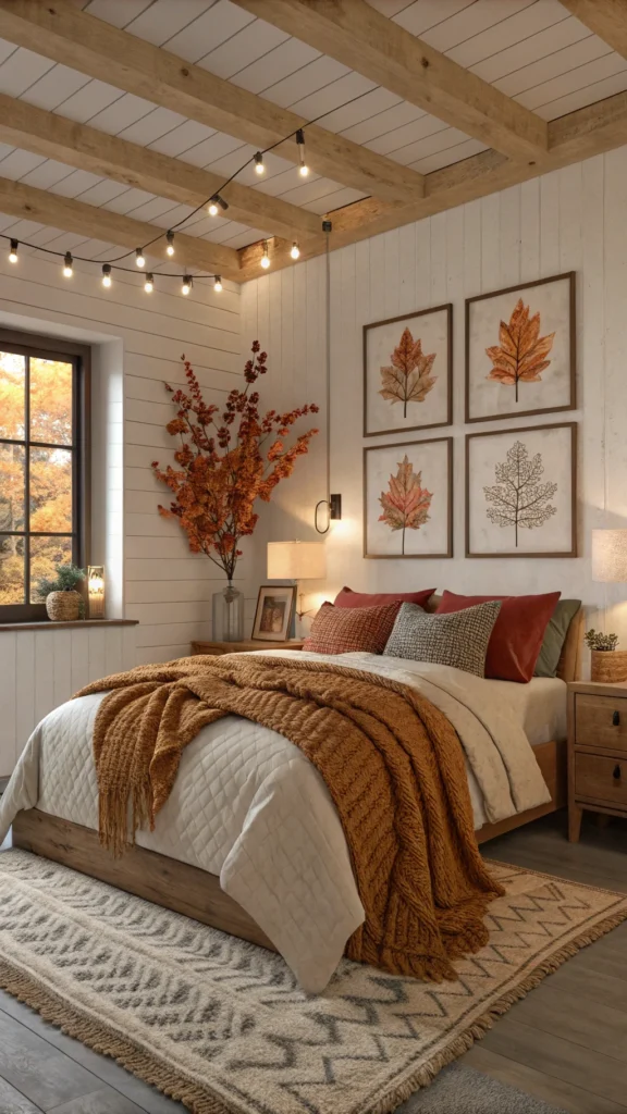 Cozy fall-themed bedroom decorations with pillows and a knitted blanket.