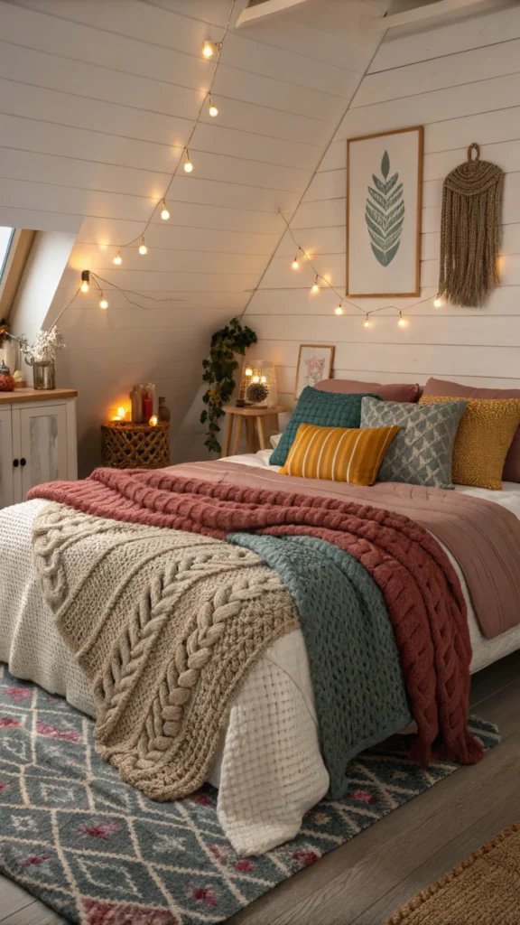 Cozy bed with knit throws and colorful cushions