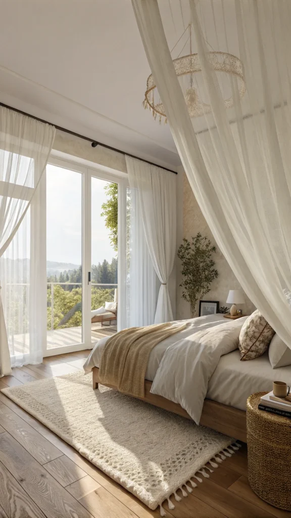 Bright bedroom with sheer drapes allowing natural light to filter in.