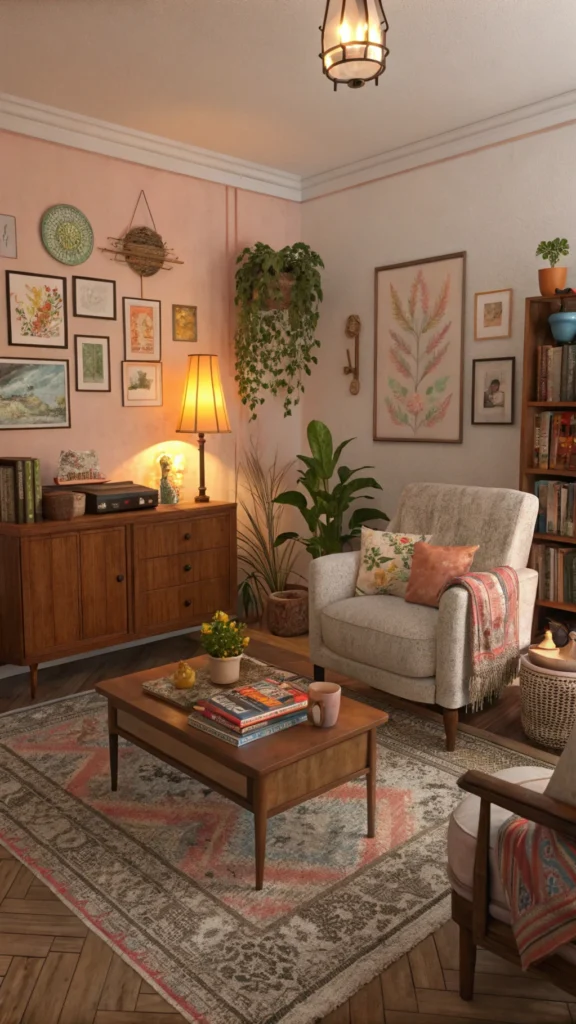 A cozy, vintage-inspired living room with eclectic decor and warm lighting.