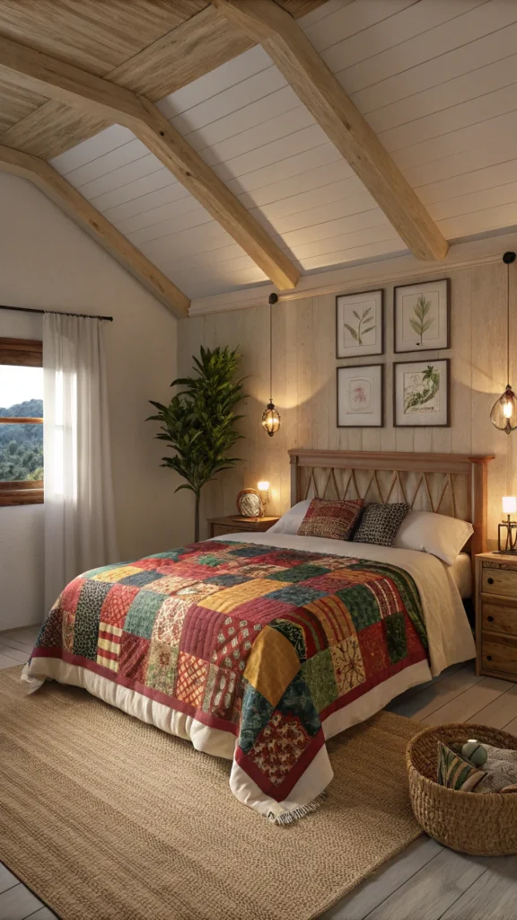 A cozy bedroom featuring a colorful patchwork quilt on a bed, with soft lighting and a warm atmosphere.