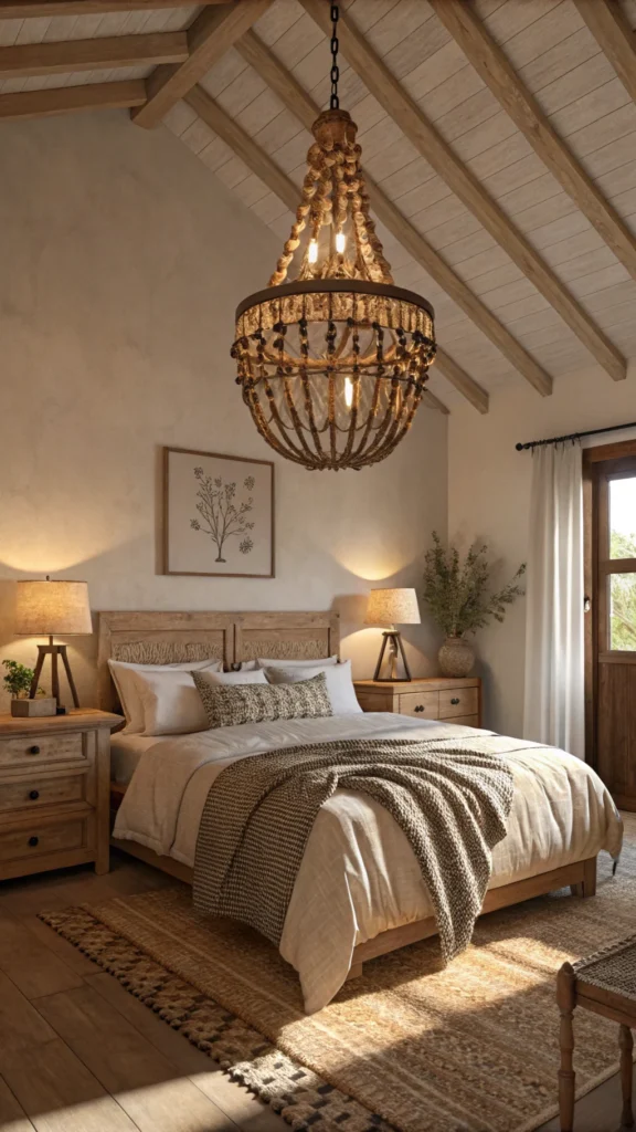 A rustic wooden bead chandelier hanging over a cozy bedroom with a comfortable bed and warm lighting.