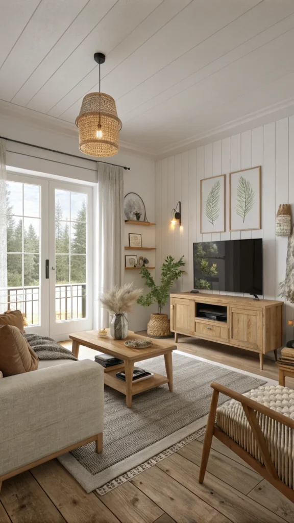 Cozy Scandinavian living room with natural wood furniture and warm accents.