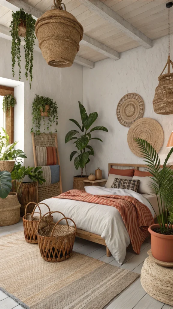 Cozy bedroom with earthy decor accents including woven baskets, terracotta pots, and green plants.