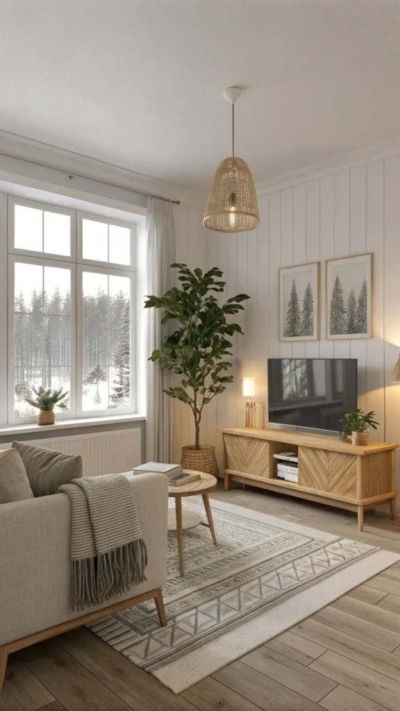 Cozy Scandinavian living room with various indoor plants, showcasing a warm and inviting atmosphere.