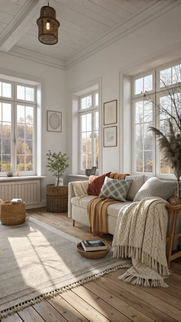 A cozy Scandinavian living room setup featuring layered textiles including throws and cushions.