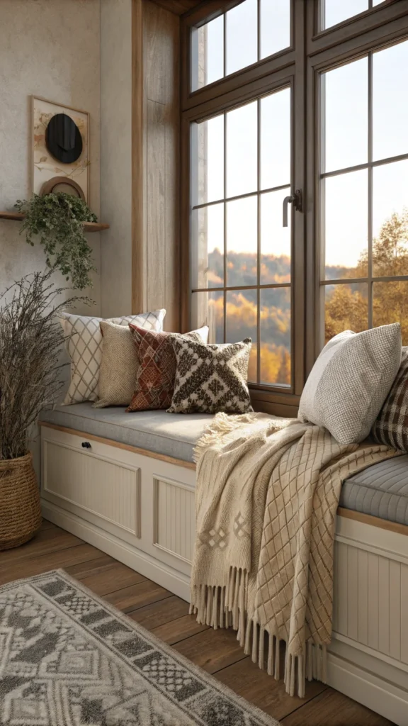 A cozy corner with a bench covered in various textured throw pillows, 