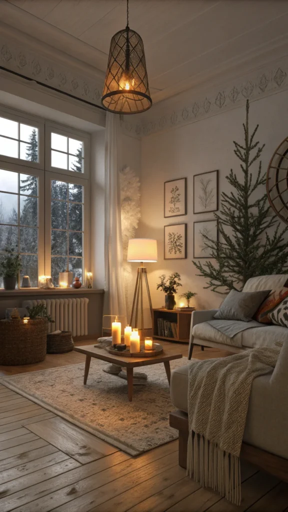 A cozy Scandinavian living room with warm lighting, featuring lamps, candles, and string lights.