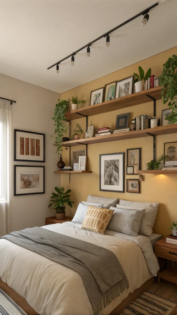 A cozy bedroom featuring an artistic wall display with floating shelves filled with framed pictures, books, and plants.