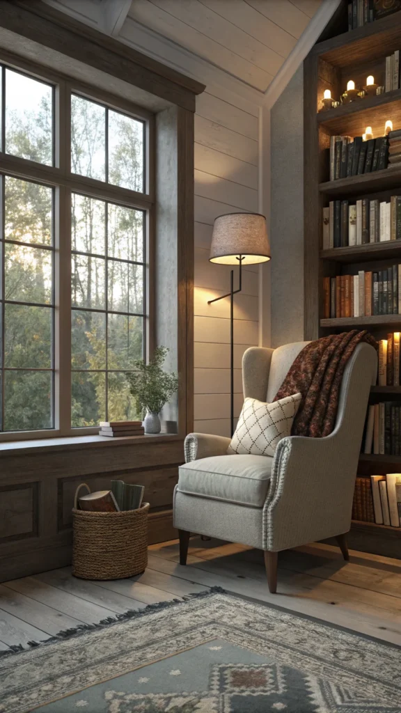 A cozy reading nook with a comfortable chair, bookshelf, and soft lighting.