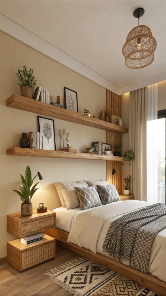 Cozy bedroom with sustainable wood floating shelves displaying decorative items.