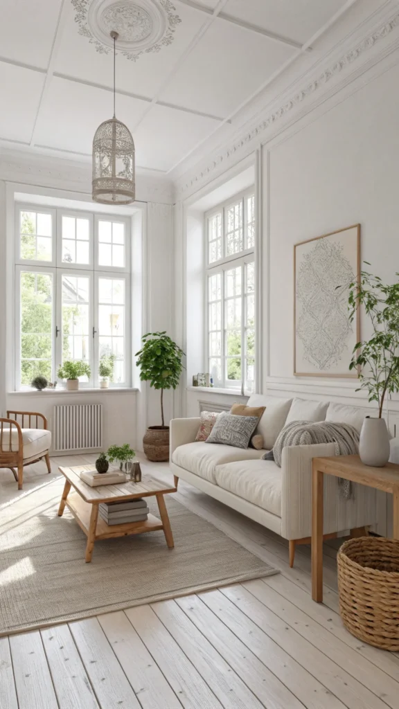 Scandinavian living room with light and airy color palette, featuring soft whites and natural textures.