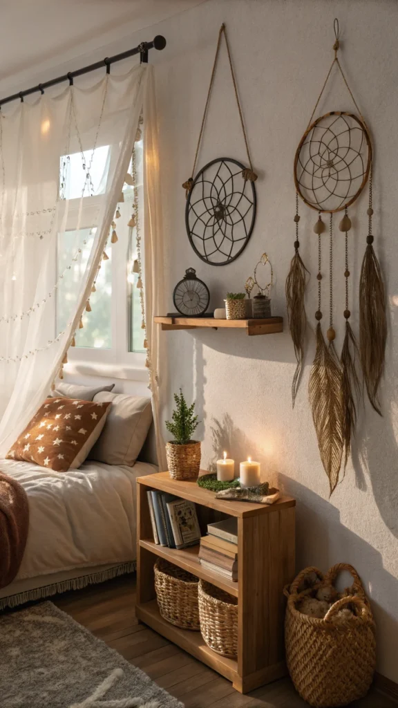 A cozy bedroom corner featuring dreamcatchers displayed on a floating shelf, complemented by warm decor elements.