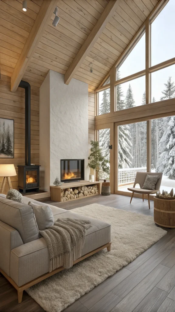 Cozy Scandinavian living room featuring a modern fireplace, comfortable seating, and warm decor.