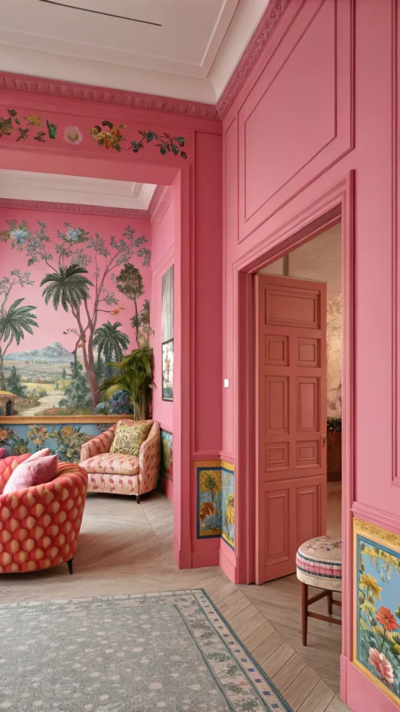 A colorful room featuring pink walls, an artistic mural, and vibrant furniture.