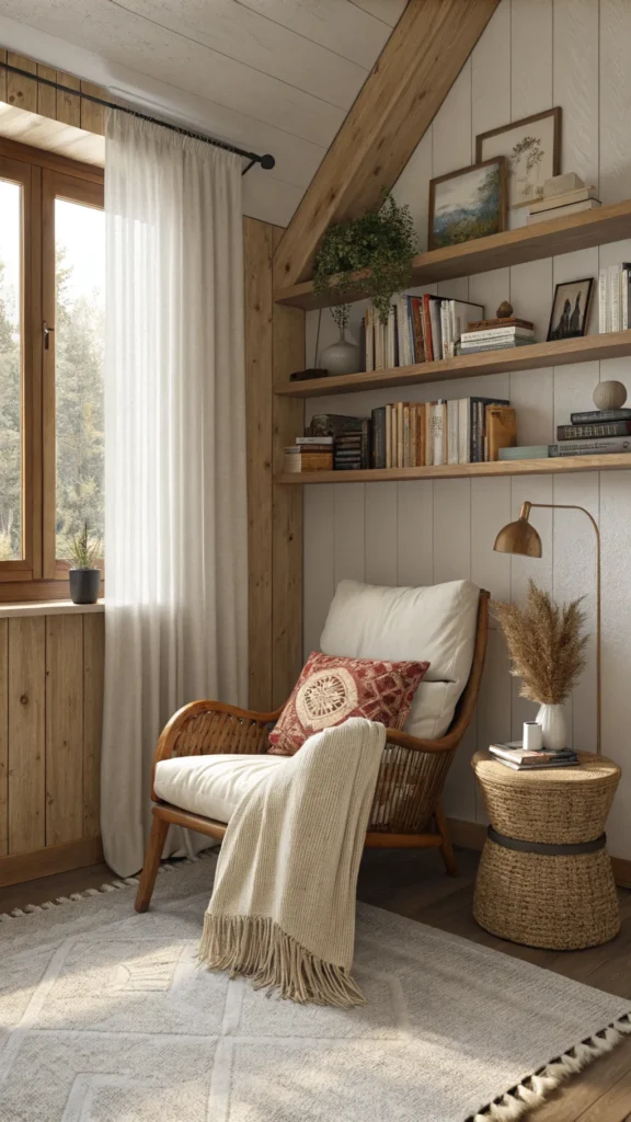 A serene bohemian bedroom corner with a cozy chair, cushions, and floating shelves holding books.