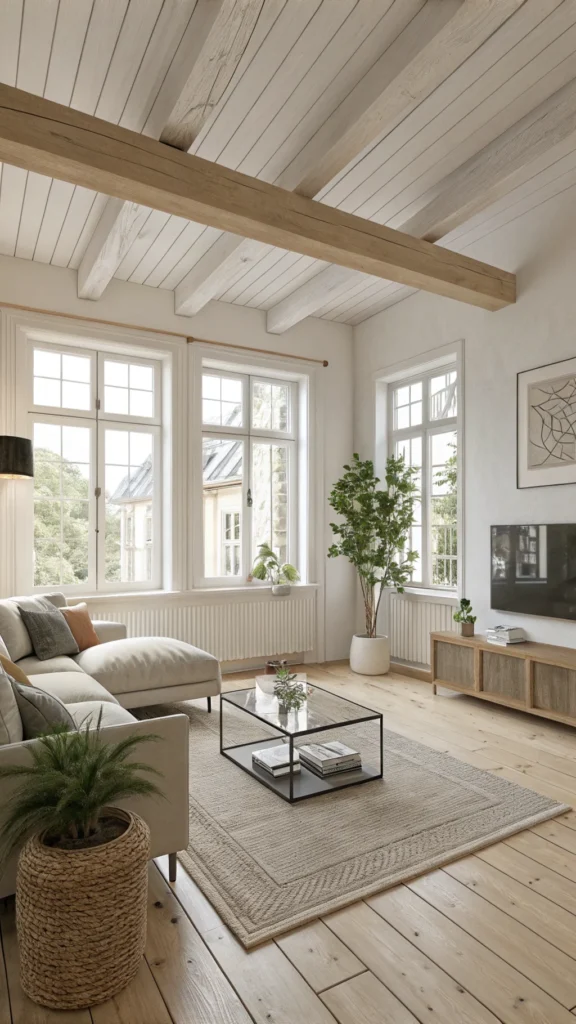 Cozy Scandinavian living room with open layout featuring light wood floors and modern furniture