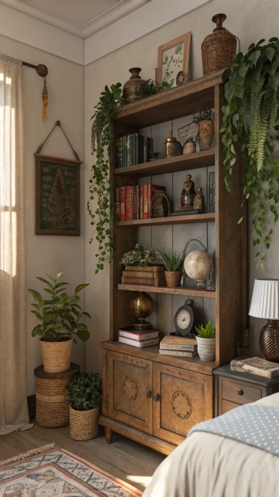 A cozy bedroom corner featuring vintage knickknack shelves adorned with various decorative items and plants.