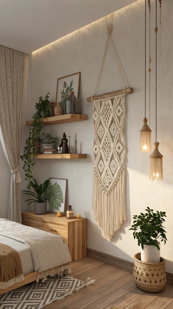 A cozy bedroom featuring macrame shelf hangers with a wooden shelf, and decorative items.