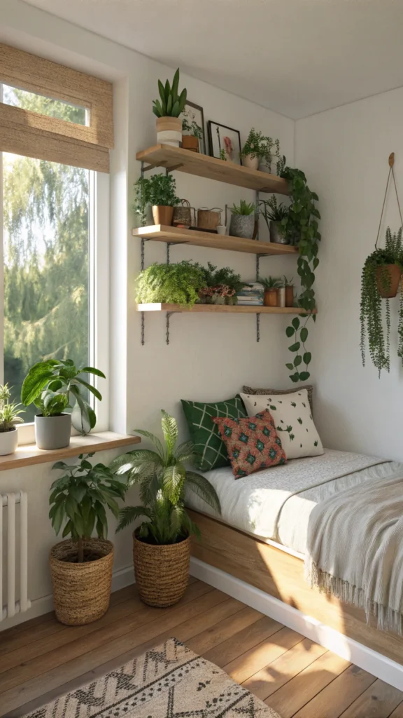 A cozy bedroom corner featuring floating shelves filled with various potted plants.